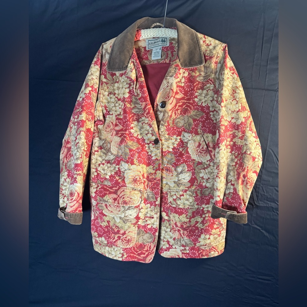 L.L. Bean Red and Cream Floral Barn Jacket with Corduroy Collar